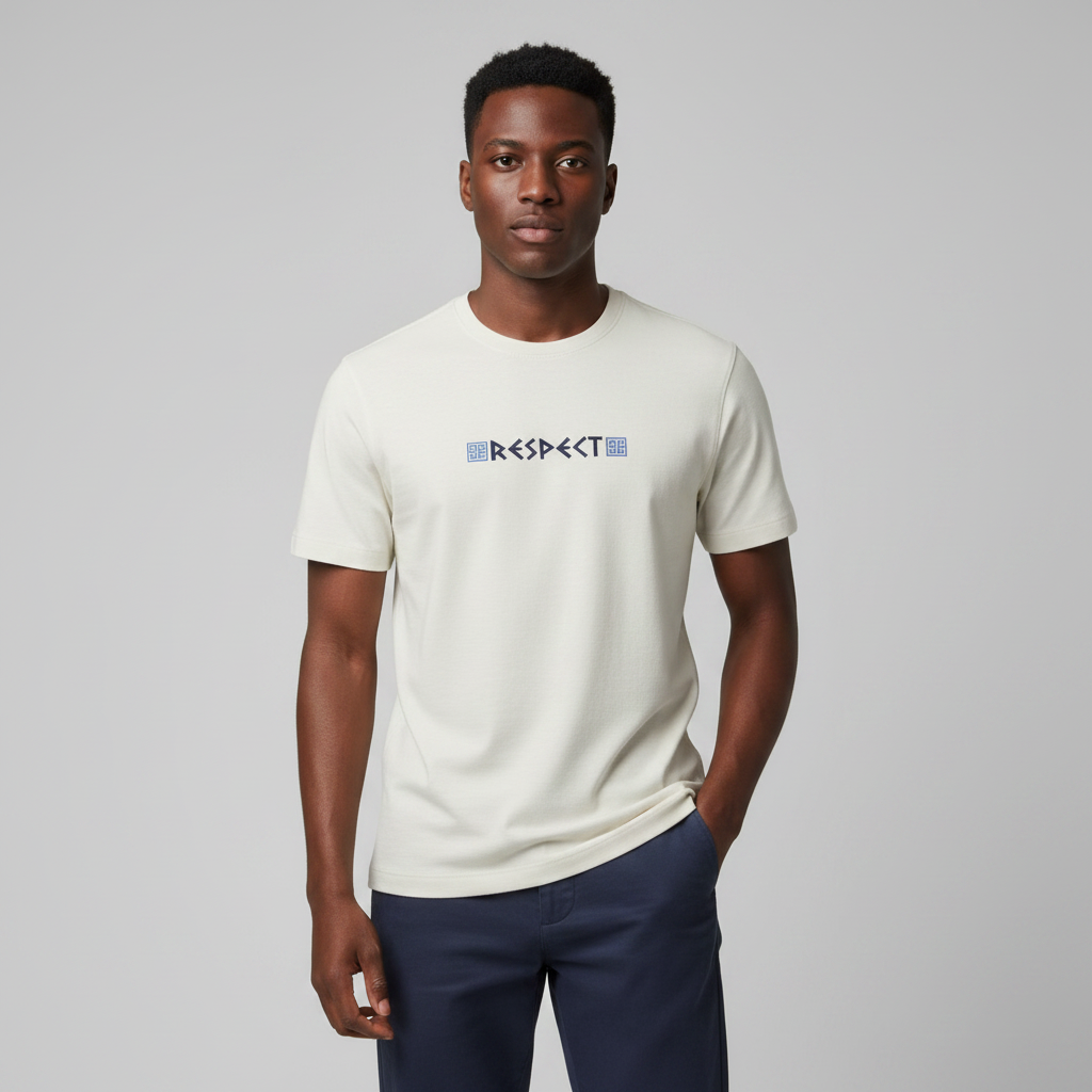 Young Nigerian male wearing off-white Respect Legend in the Making graphic crew neck tee
