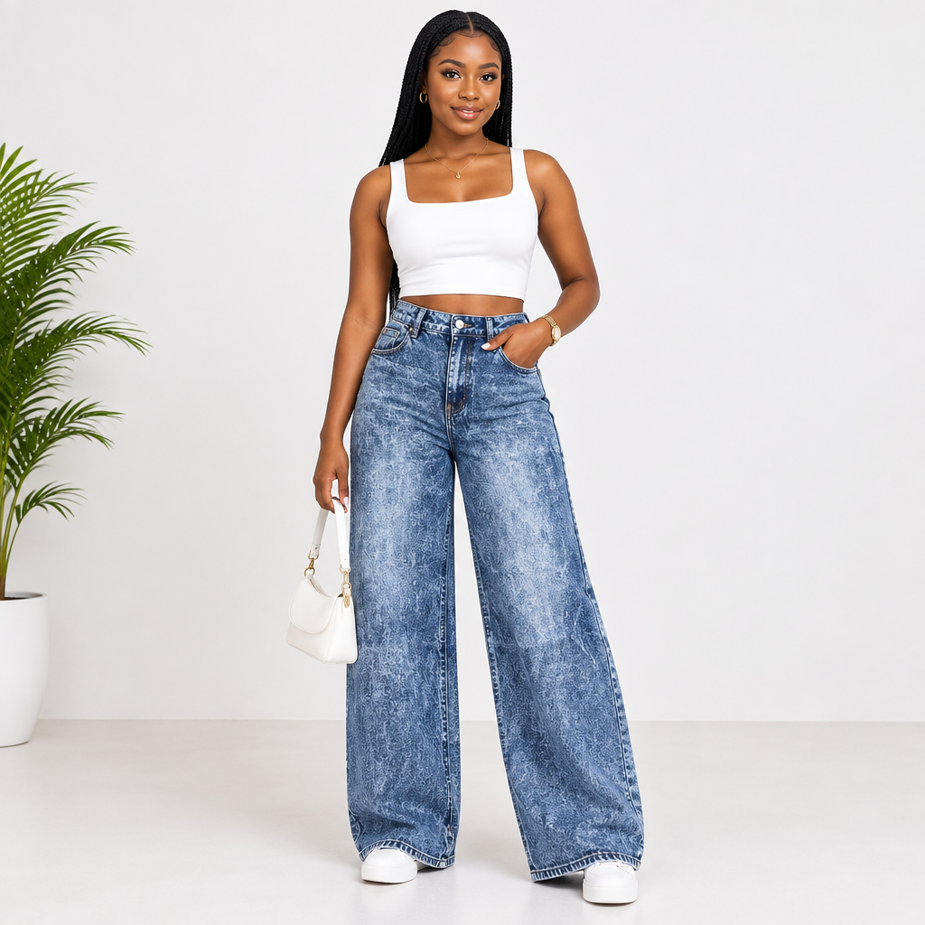 Young Black Nigerian woman wearing acid snow wash high-rise wide-leg denim jeans