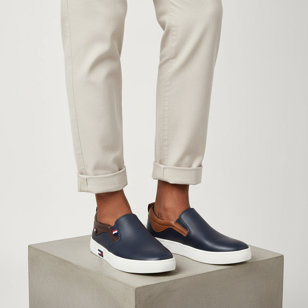 Leg focus shot of Nigerian male wearing navy blue leather slip-on loafers showing both feet