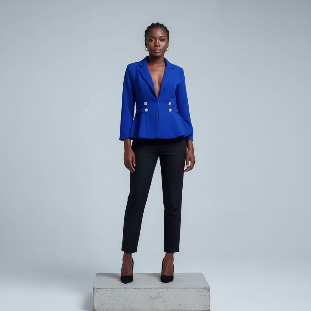 Royal Blue Cropped Long-Sleeve Peplum Blazer - Model Front