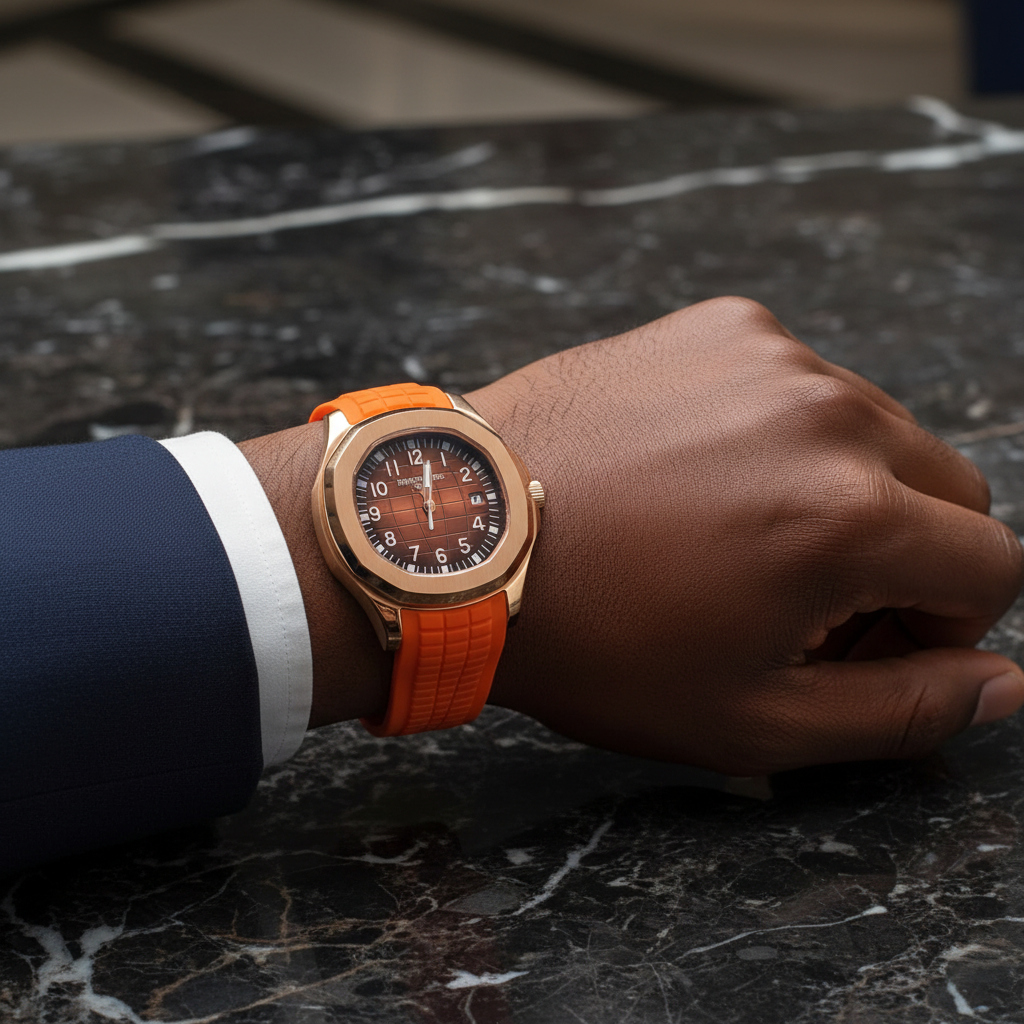 Nigerian man wrist shot wearing rose gold brown dial orange rubber strap luxury watch