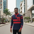 Young Nigerian male model wearing navy red striped long sleeve polo, front view, Nigerian urban background