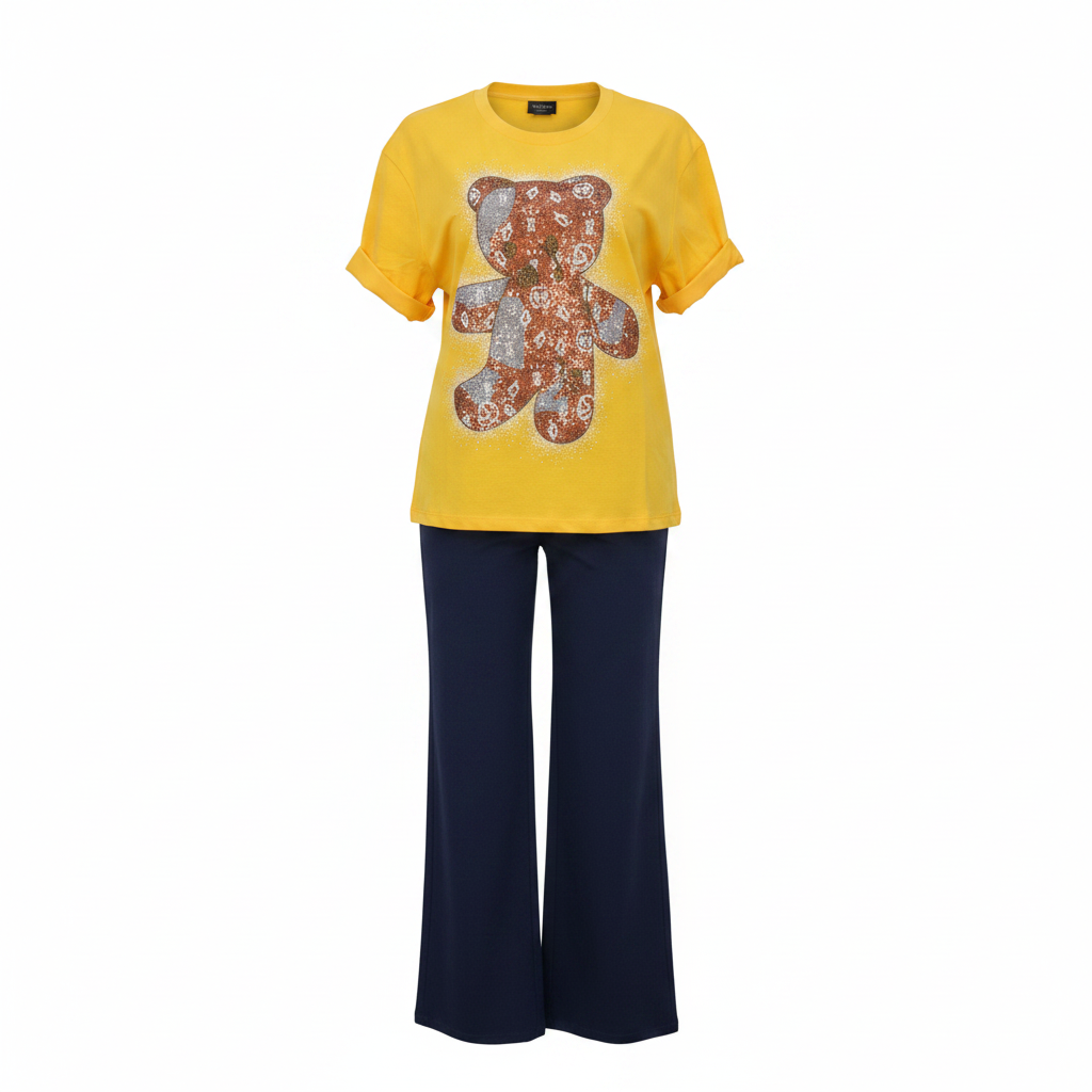 Yellow sequin teddy bear graphic tee and navy wide-leg trouser set ghost mannequin full outfit view
