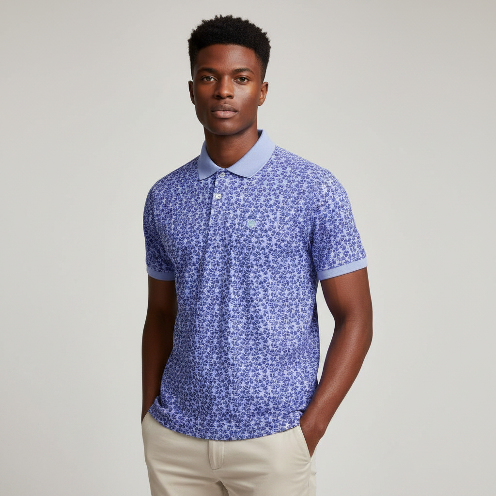 Nigerian model wearing lavender blue floral print polo shirt