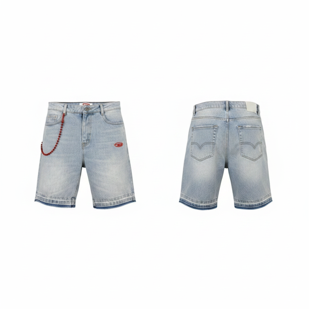 Men's light blue washed red beaded chain logo patch raw hem denim shorts ghost mannequin front and back view