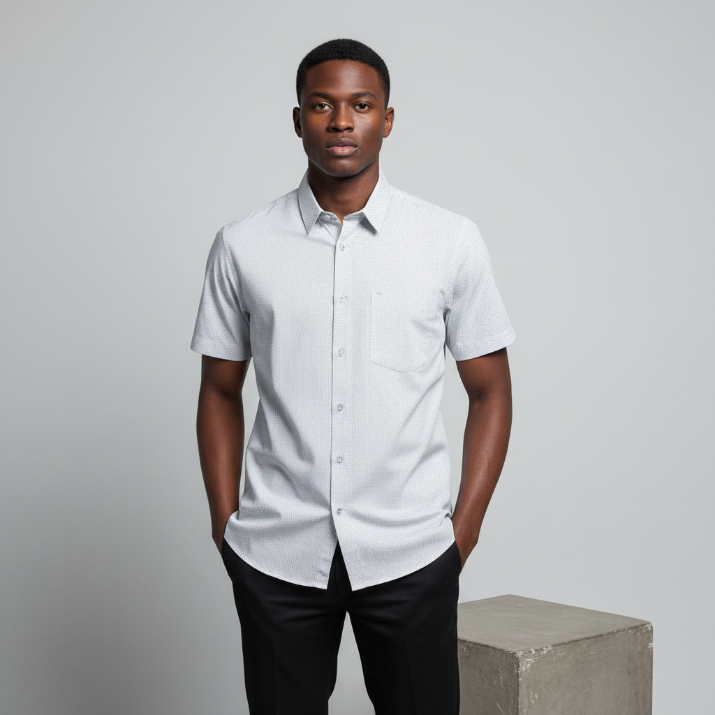 Nigerian male model wearing white micro-print short-sleeved shirt