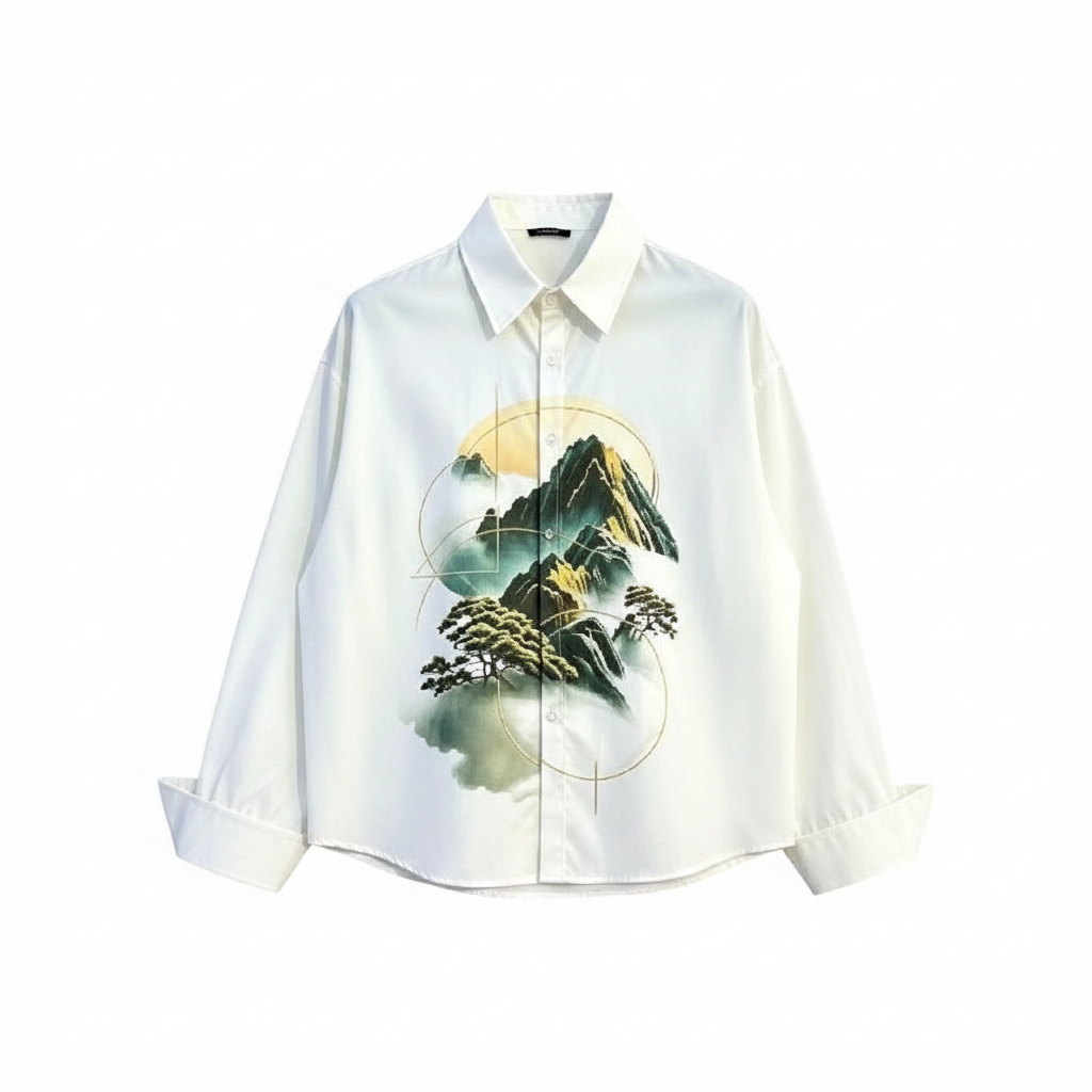 Men's white Japanese landscape print long-sleeve shirt – ghost mannequin front view