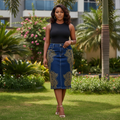 Nigerian female model wearing Women's Navy Blue Rhinestone Embellished Denim Midi Skirt