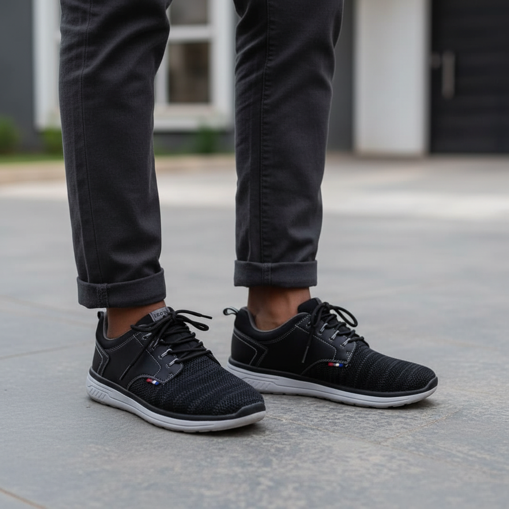 Nigerian male model wearing black knit low-top casual sneakers, Gen Z street style leg shot