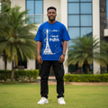 Nigerian male model wearing royal blue Paris sketch graphic tee – front view