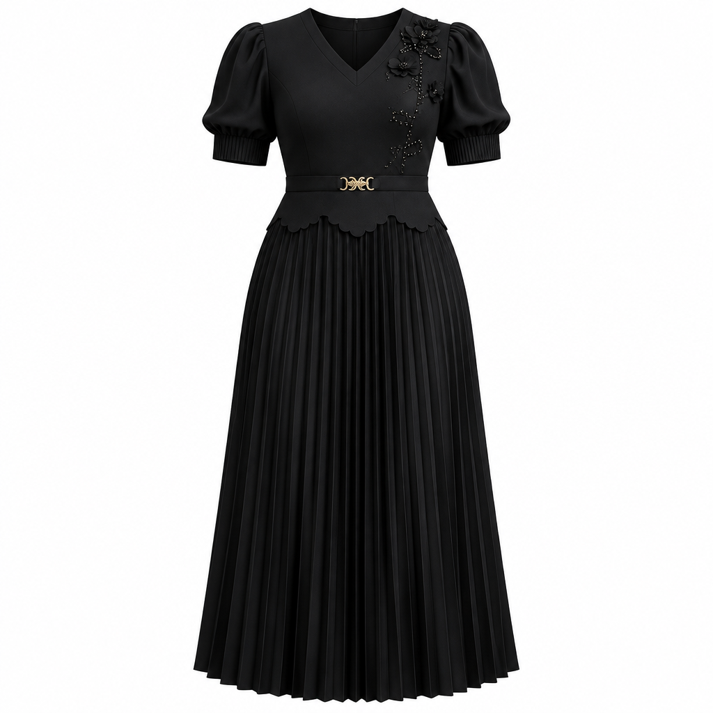 Black floral-shoulder pleated dress on white background