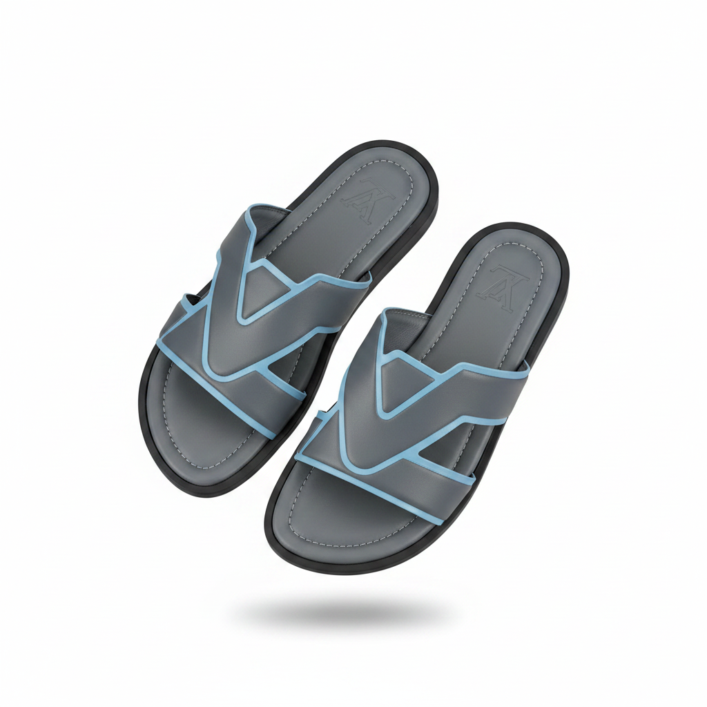 Men's cross-strap slide slippers in grey/slate blue with light blue trim - ghost mannequin pair shot