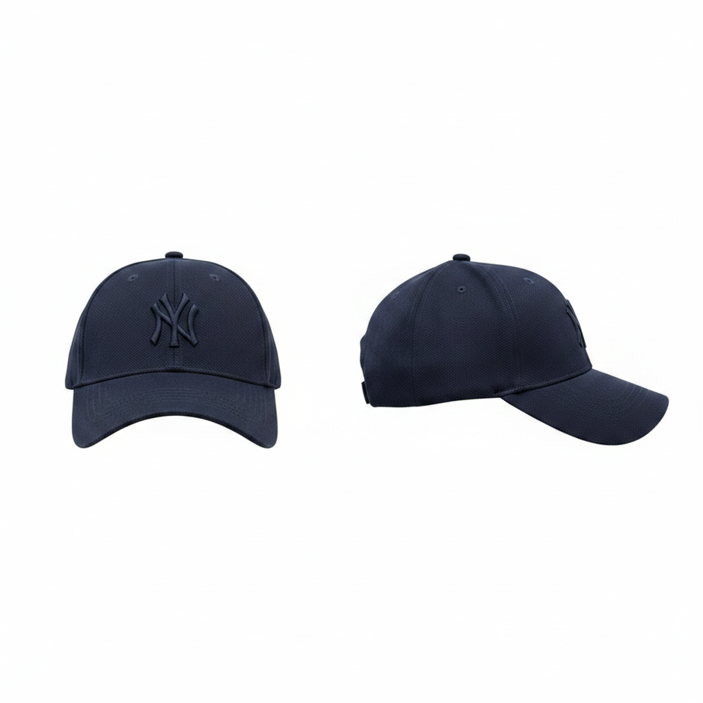 Dark navy New York Yankees embroidered baseball cap – ghost mannequin front and side view