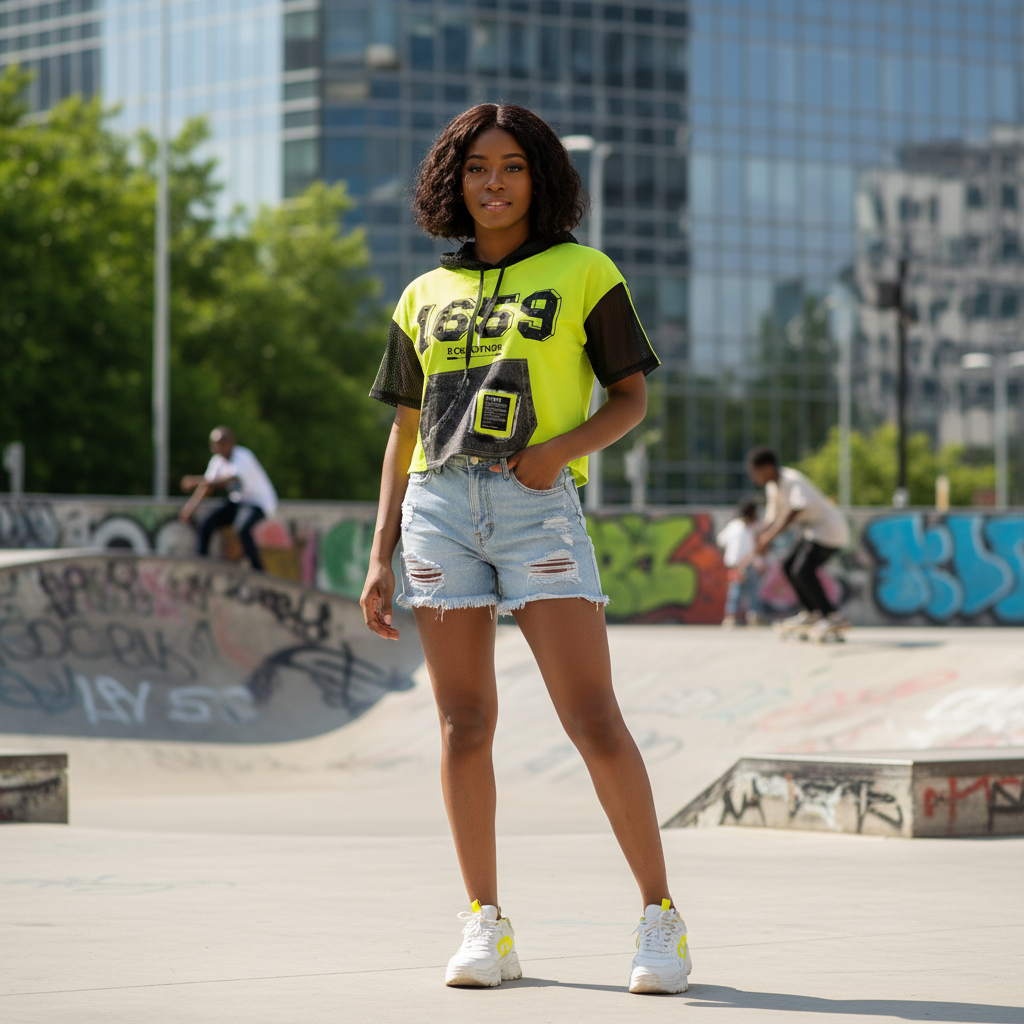 Young Nigerian female model wearing neon mesh short sleeve hoodie