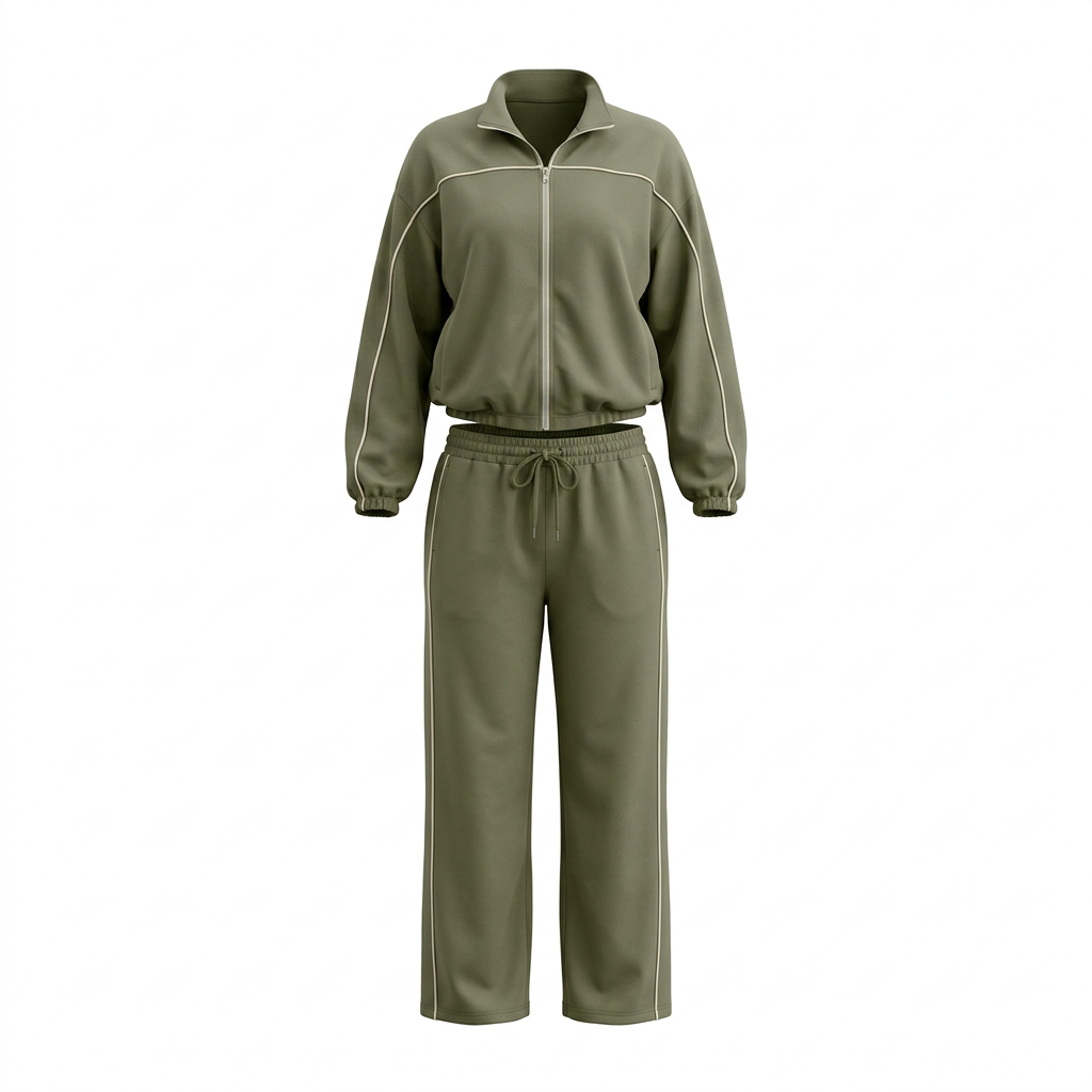 Olive contrast-piping tracksuit set on an invisible mannequin