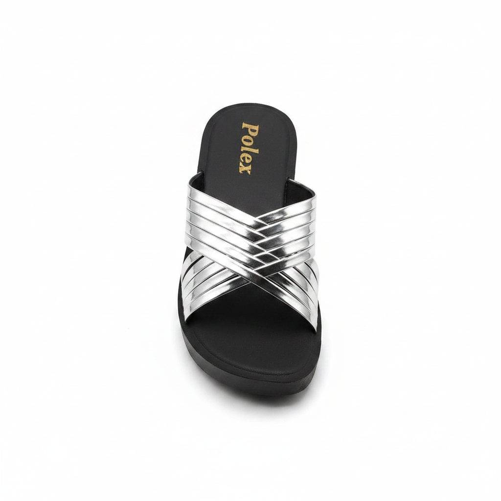 Women's silver metallic cross-strap wedge slide slipper — ghost mannequin view