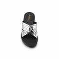 Women's silver metallic cross-strap wedge slide slipper — ghost mannequin view
