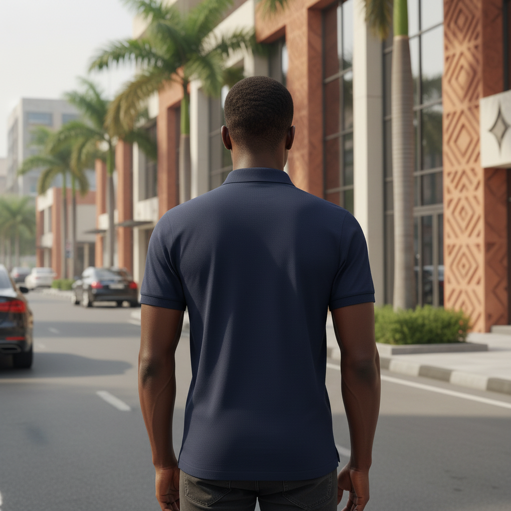 Young Nigerian male model wearing navy blue plain polo shirt, back view, Nigerian urban background