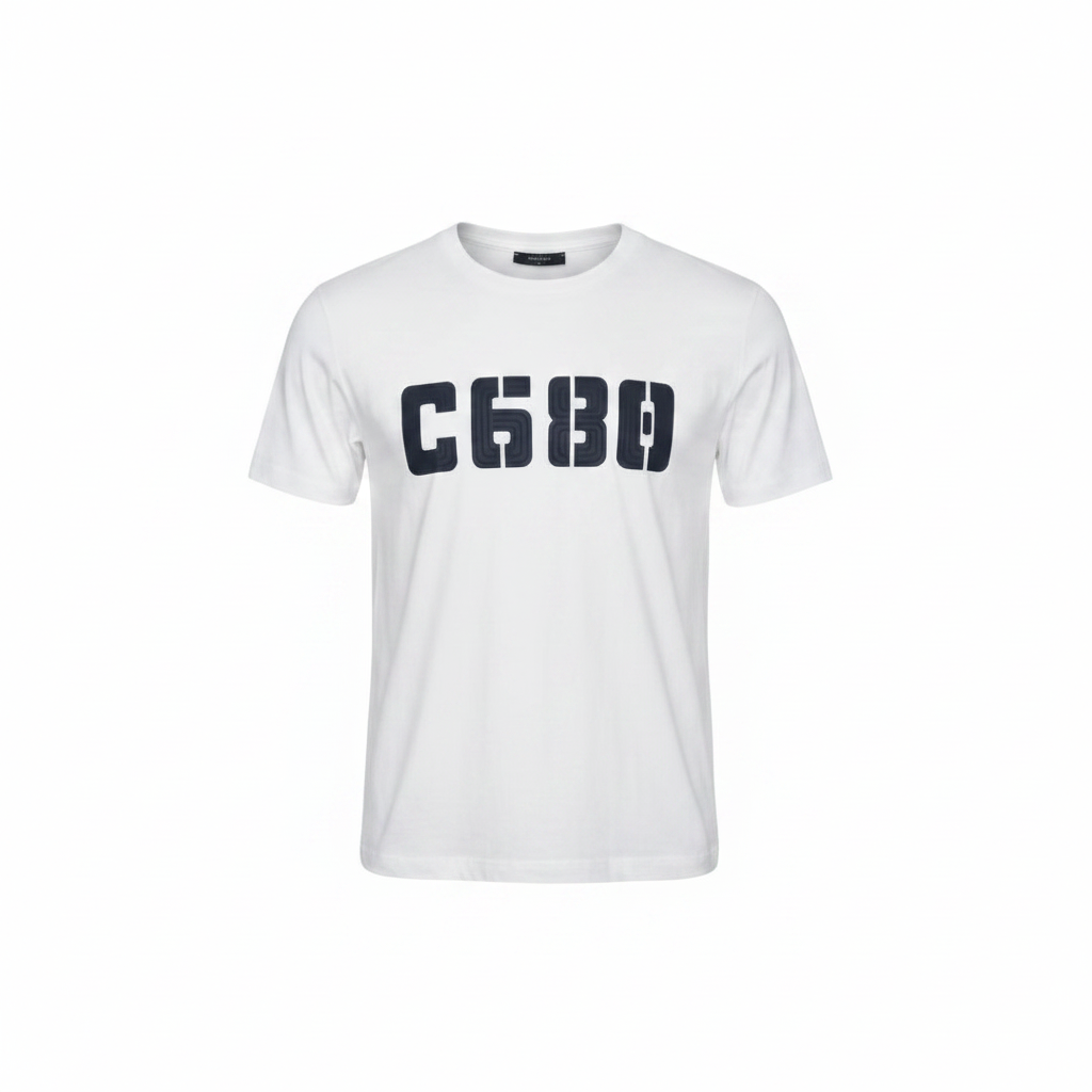 Women's white C680 block letter graphic crew neck tee - ghost mannequin front view