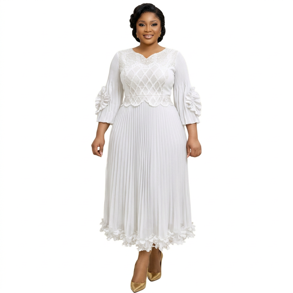Black adult model wearing a white scalloped-waist pleated midi gown