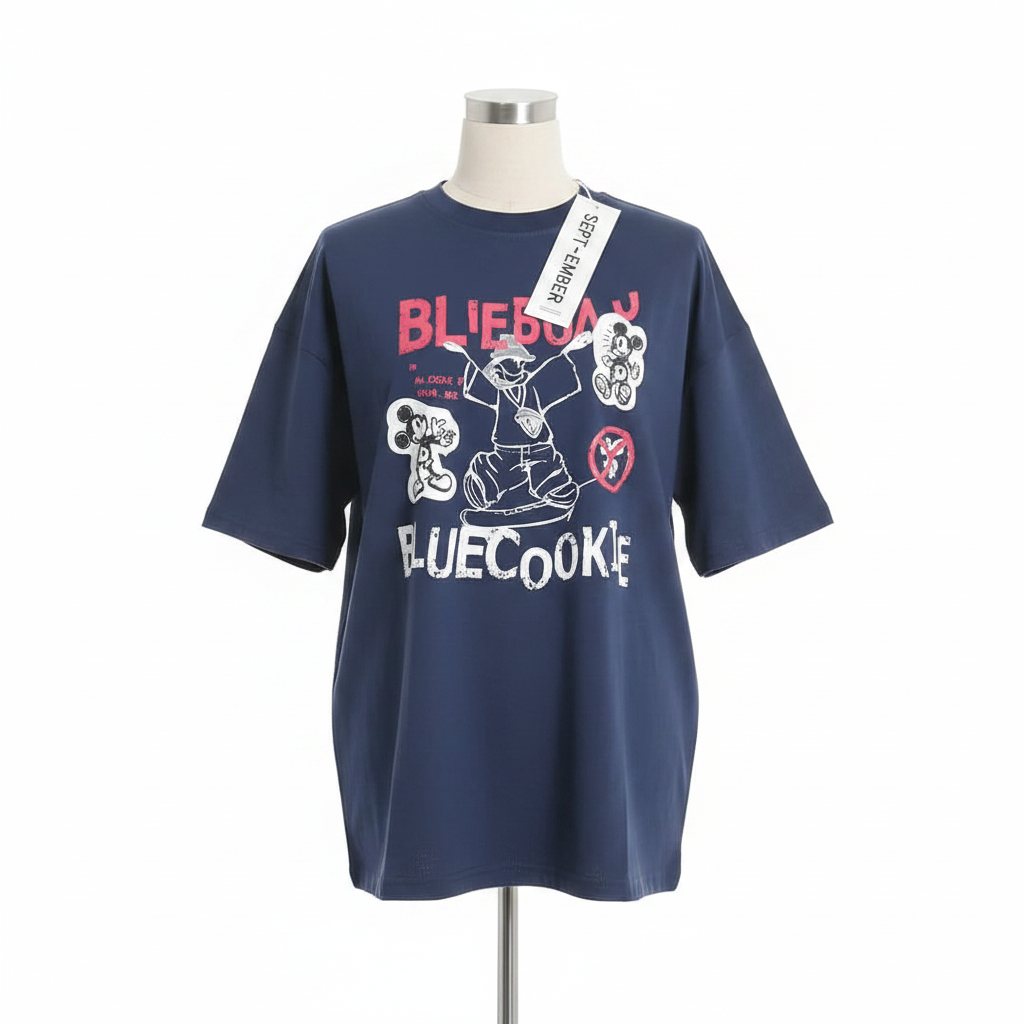 Ghost mannequin front view of navy blue cartoon graphic short-sleeved shirt