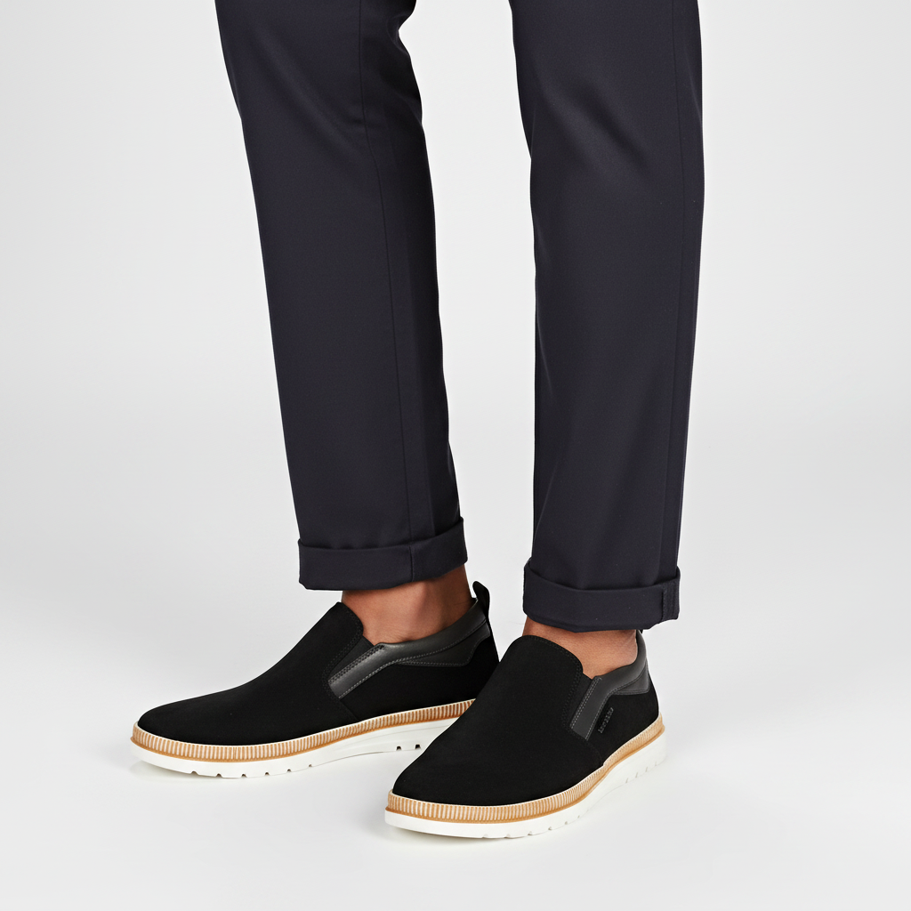 Close-up leg focus of men's navy black suede slip-on sneakers with dark navy trouser hem