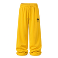 Yellow wide-leg drawstring trousers with matching yellow waistband and black thigh emblem