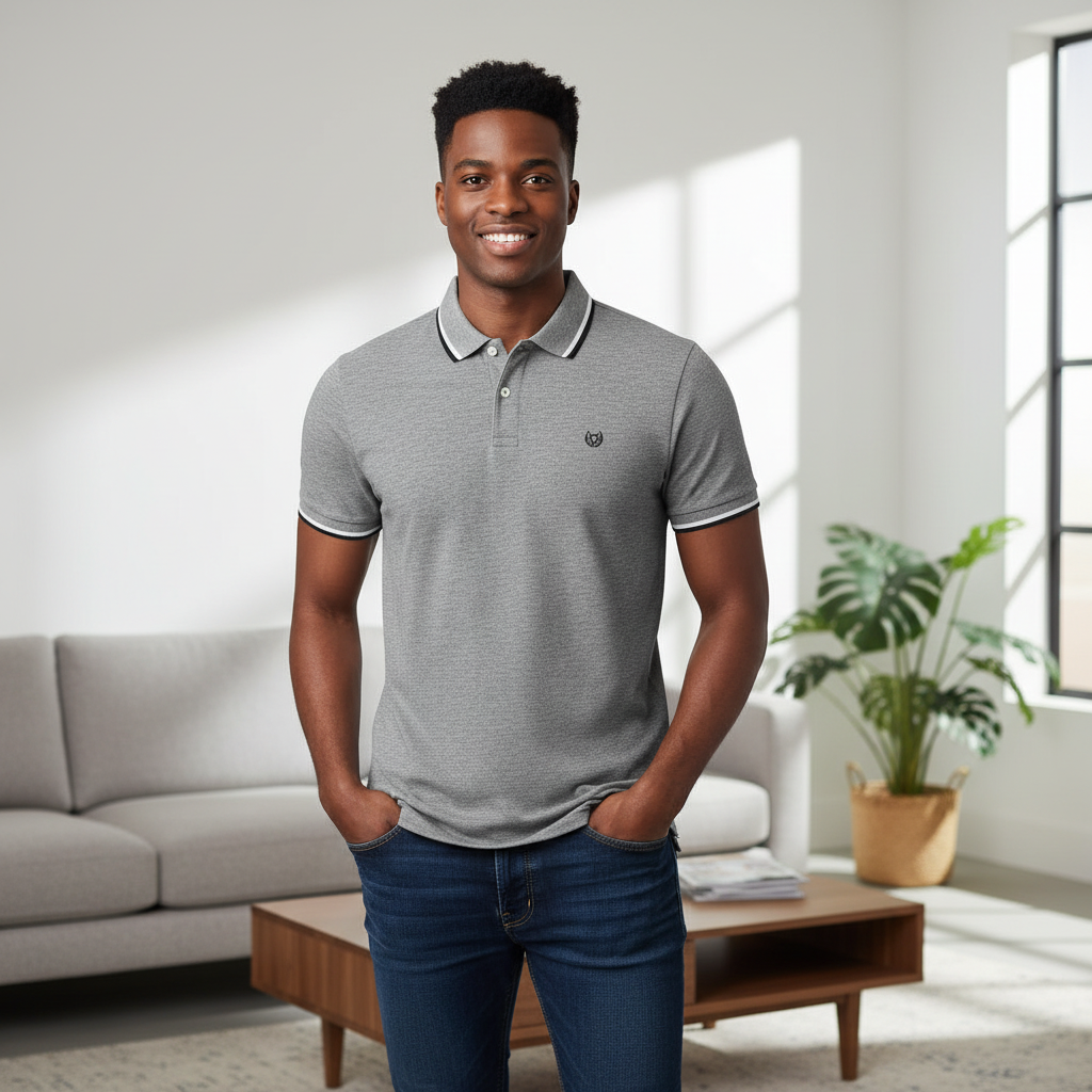 Young Nigerian male model wearing grey tipped polo shirt, front view