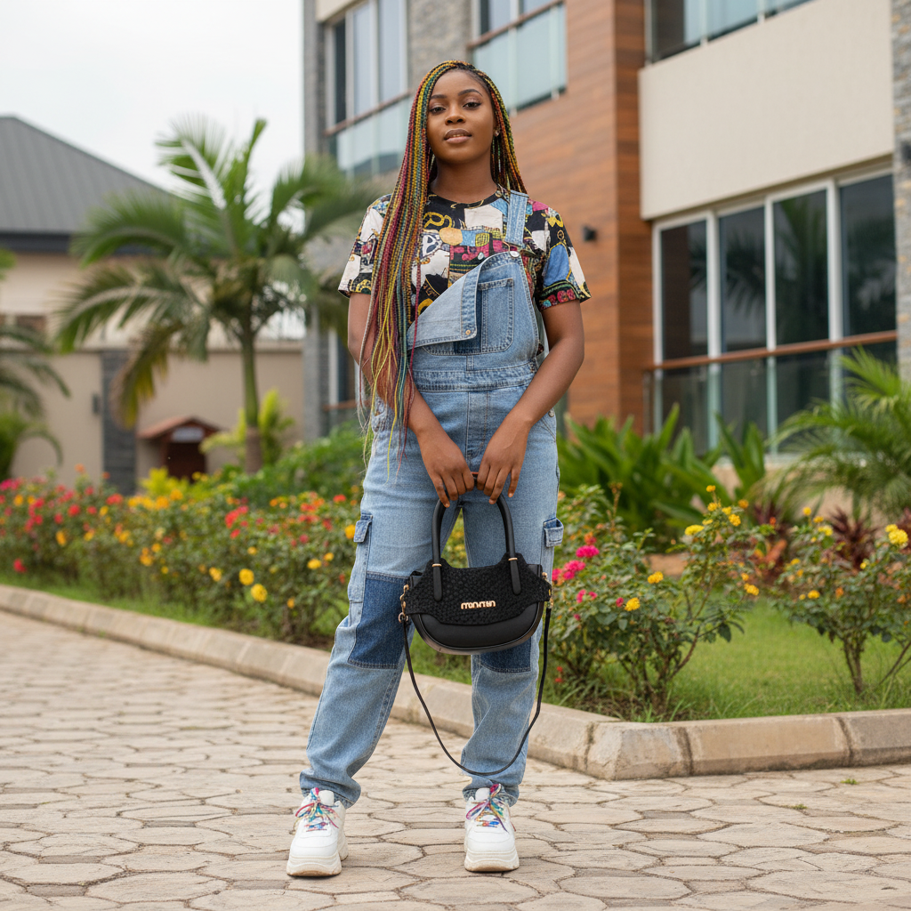 Nigerian female model carrying black textured structured satchel handbag