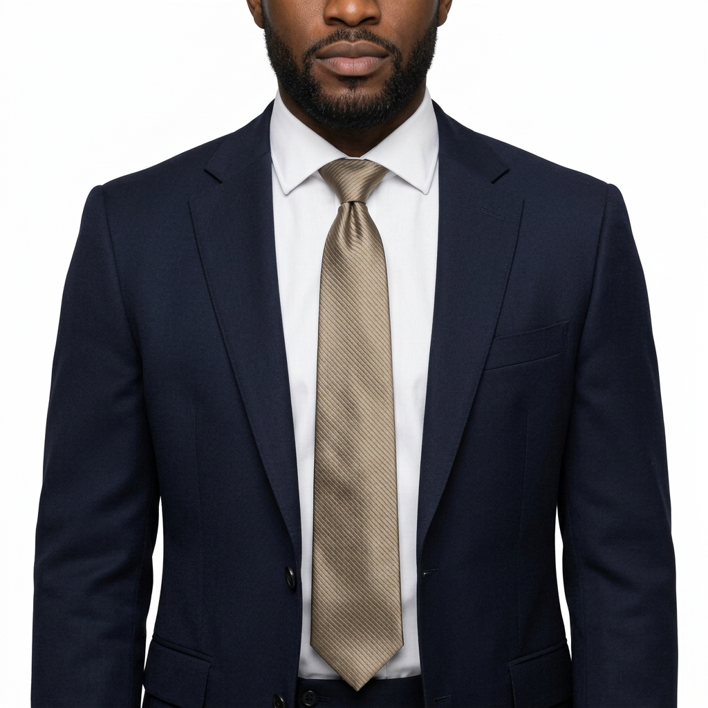 Slim brown ribbed tie worn with a white shirt and navy suit