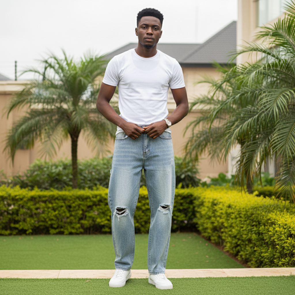 Nigerian male model wearing light blue baggy dual ripped knee embroidered pocket denim jeans