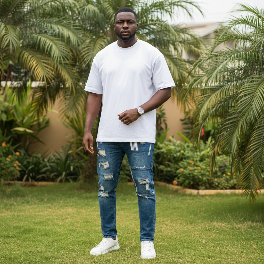 Nigerian male model wearing blue ripped denim jeans in outdoor setting