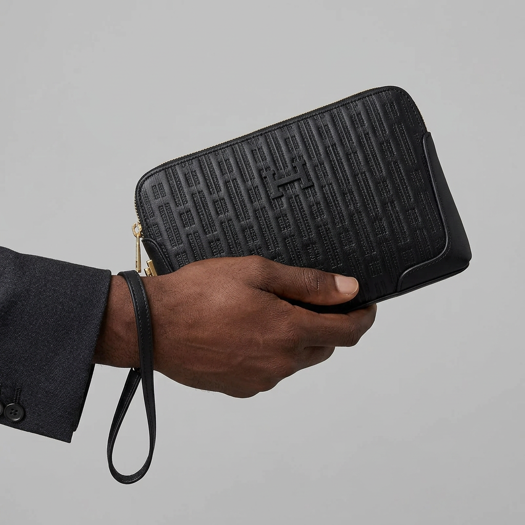 Man's hand carrying textured black tonal-detail wrist pouch