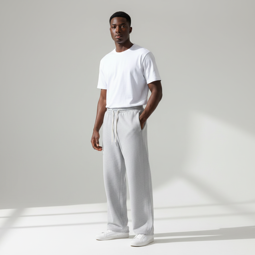 Male model wearing grey sweatpants