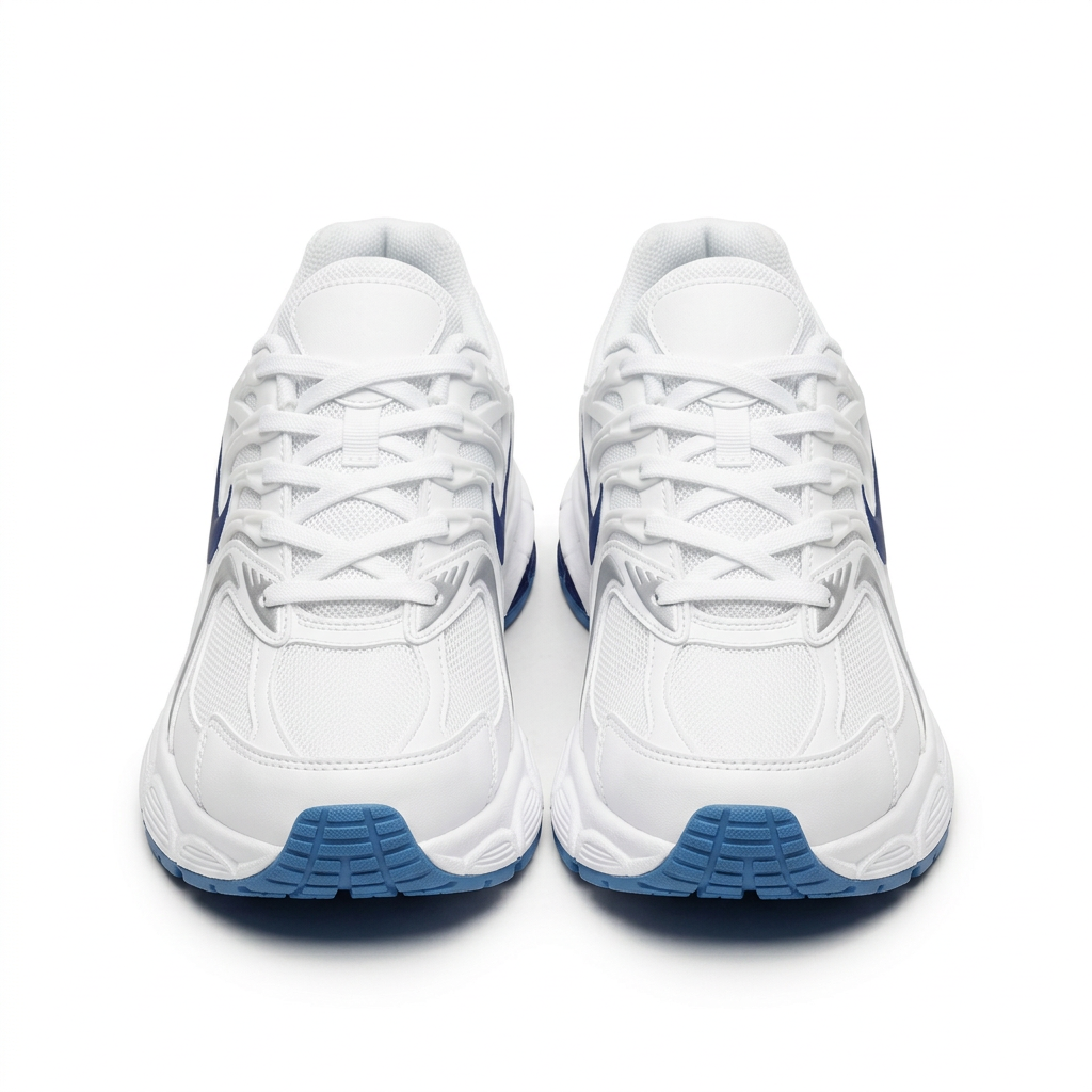 Front view of white and blue mesh lace-up sneaker pair