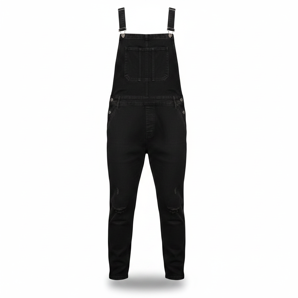 Solid black denim bib overalls shown in worn shape on a white background
