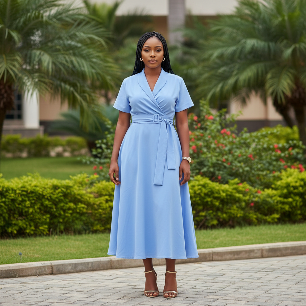Nigerian female model wearing sky blue short sleeve V-neck wrap midi dress