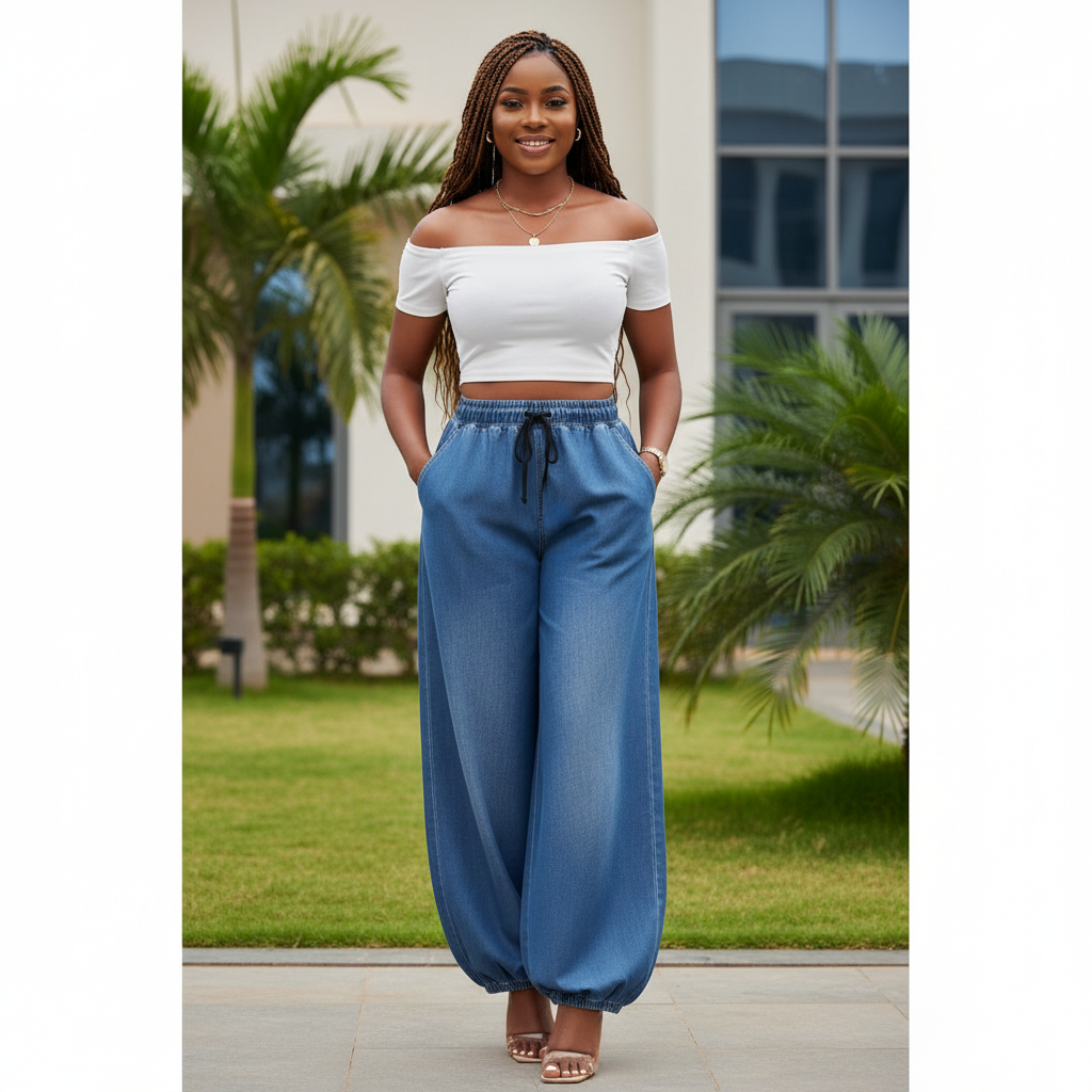 Front view - Blue Washed Balloon Harem Wide-Leg Jeans