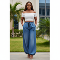 Front view - Blue Washed Balloon Harem Wide-Leg Jeans