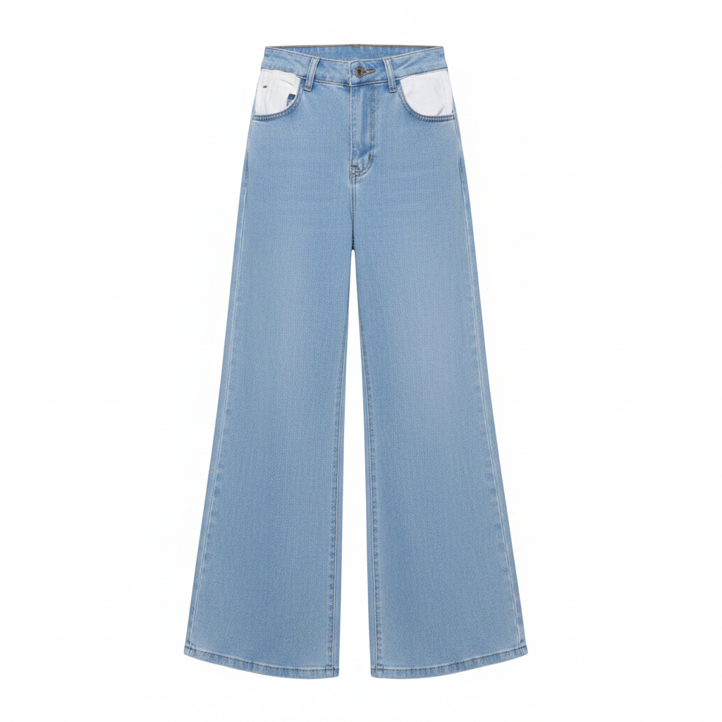 Ghost mannequin of light blue wide-leg denim trousers