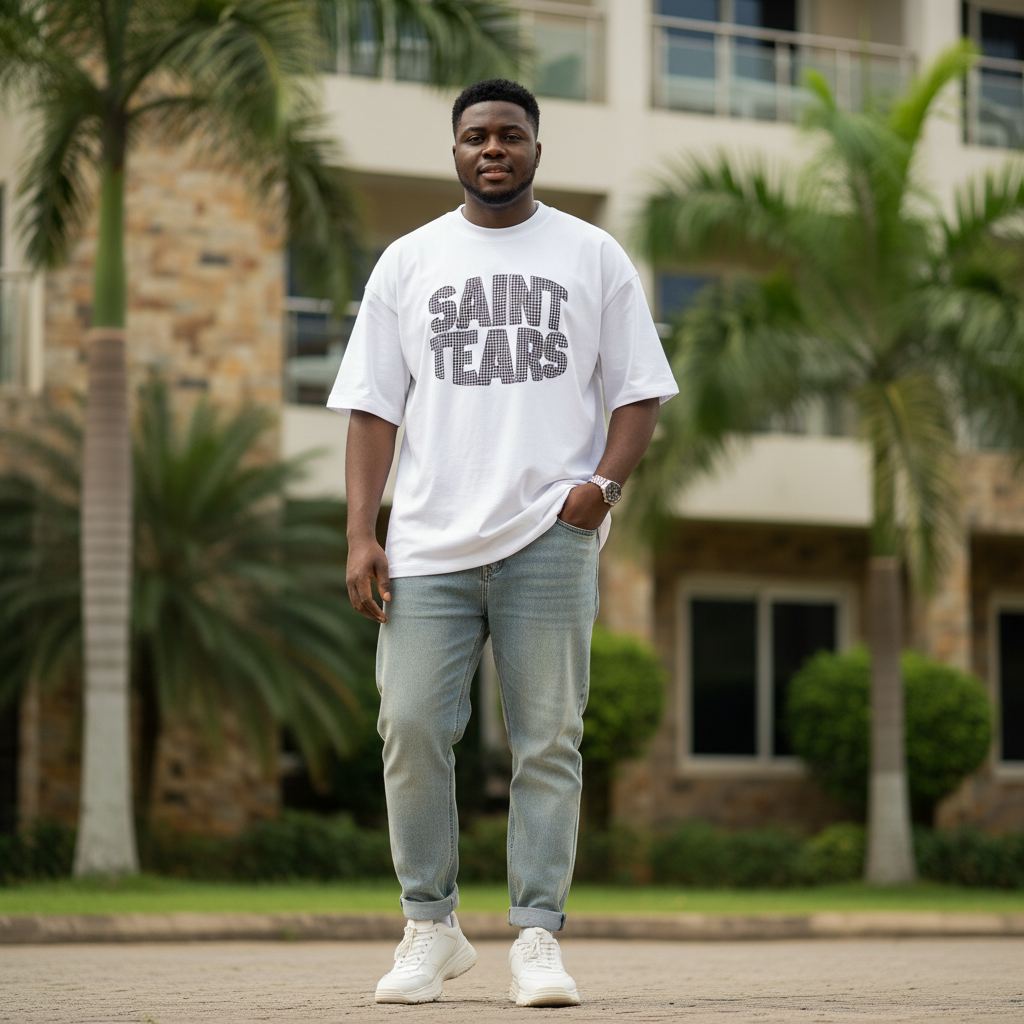 Men's White Oversized Checkered Bubble Text Tee – Nigerian Male Model Shot