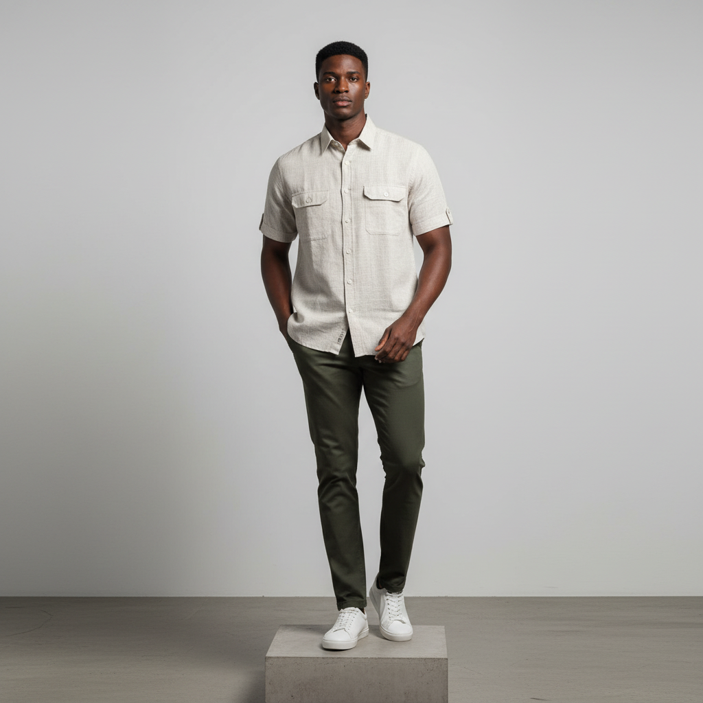 Beige Linen-Texture Short-Sleeved Shirt - Model Shot