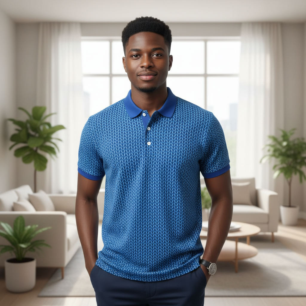Young Nigerian male model wearing royal blue chevron print polo shirt, front view