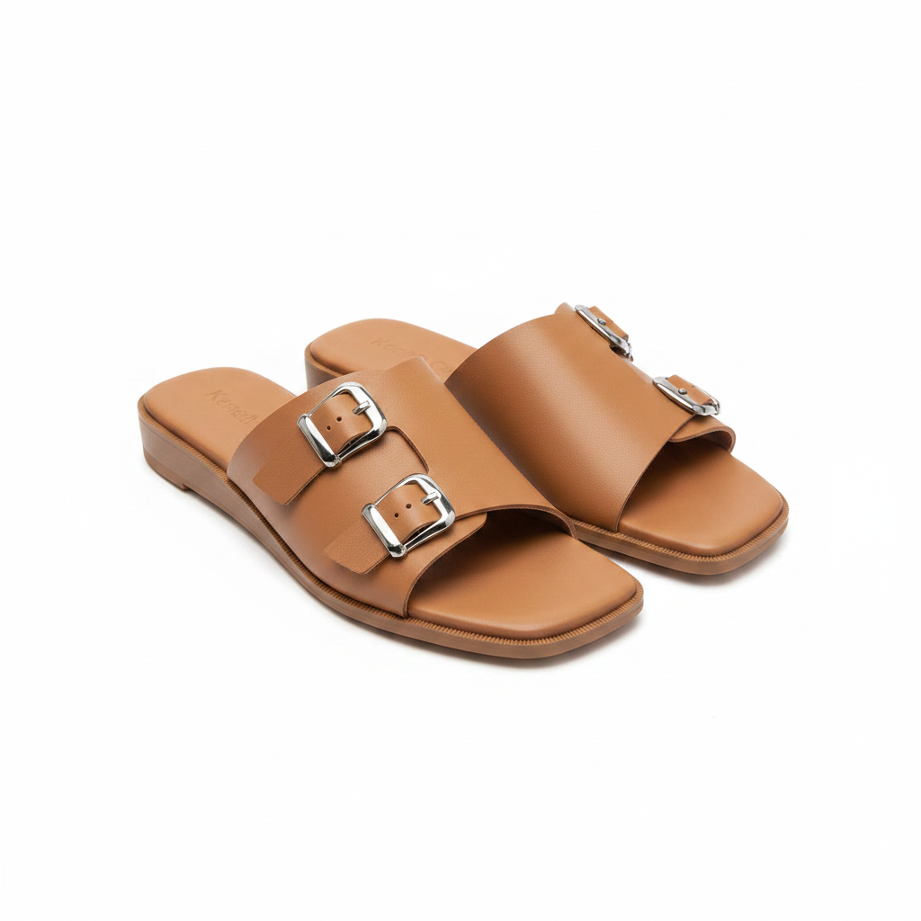 Pair of tan camel leather double buckle flat slide slippers on white background