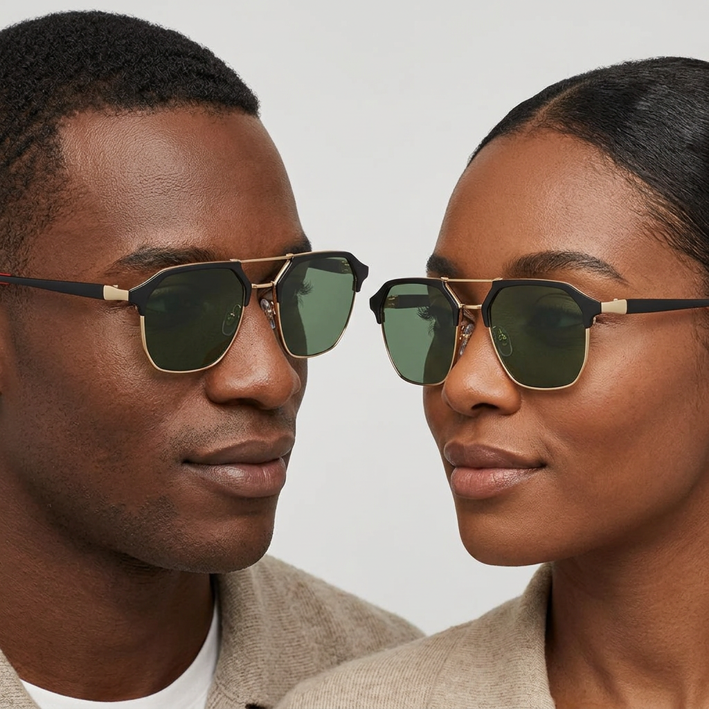 AI-generated adults wearing geometric green-lens sunglasses