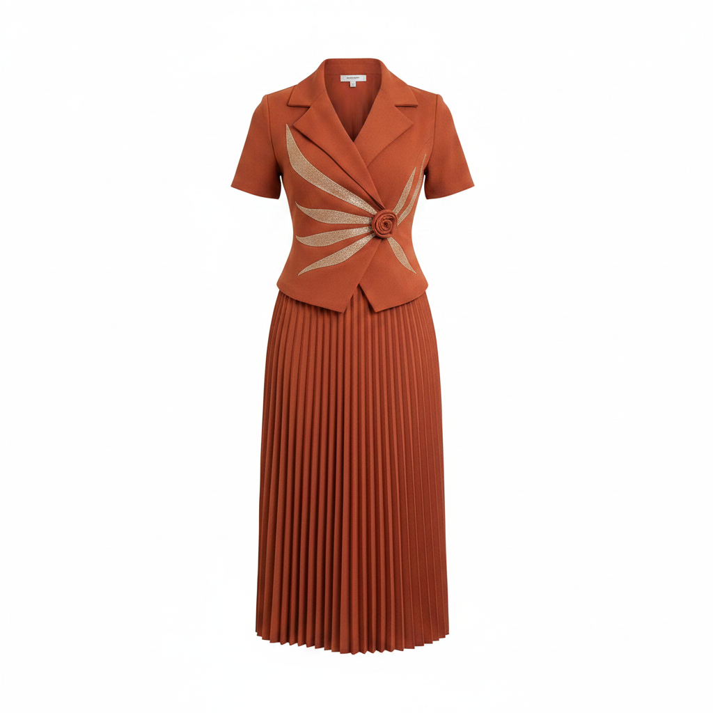 Girls' terracotta pleated midi dress with rosette detail ghost mannequin front view