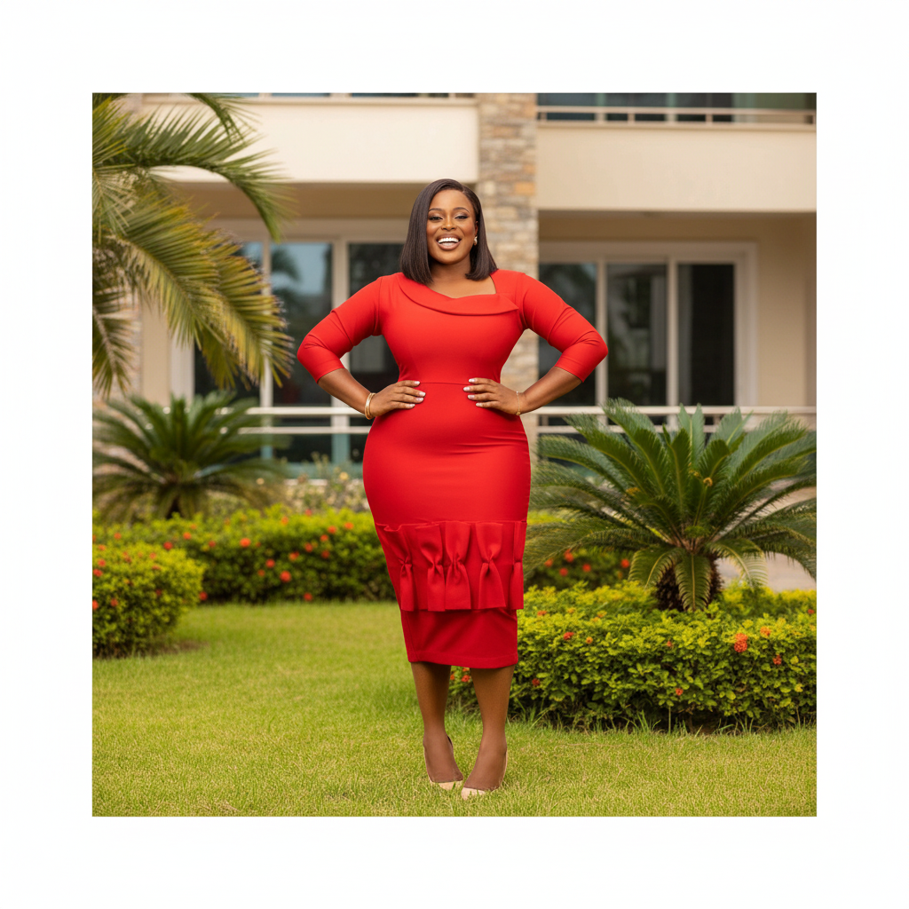 Nigerian female model wearing women's red cowl square neck ruffle hem bodycon midi dress