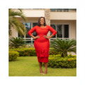Nigerian female model wearing women's red cowl square neck ruffle hem bodycon midi dress