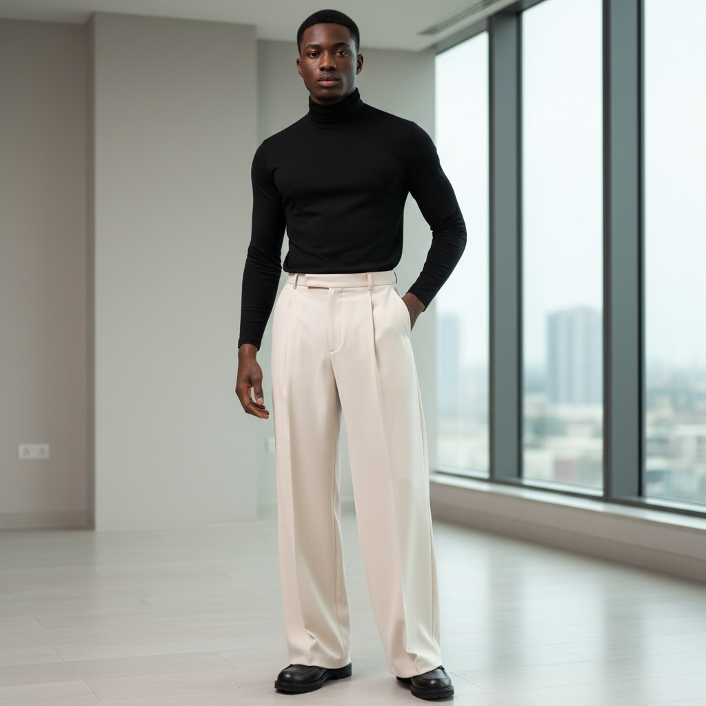 Wide-leg front-pleat trousers in off-white worn by male model