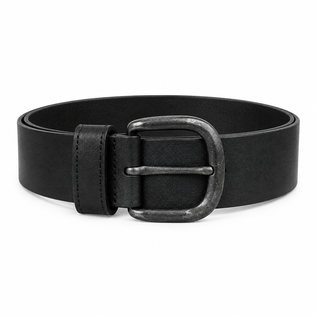 Black Leather Distressed Matte D-Buckle Belt - Front View